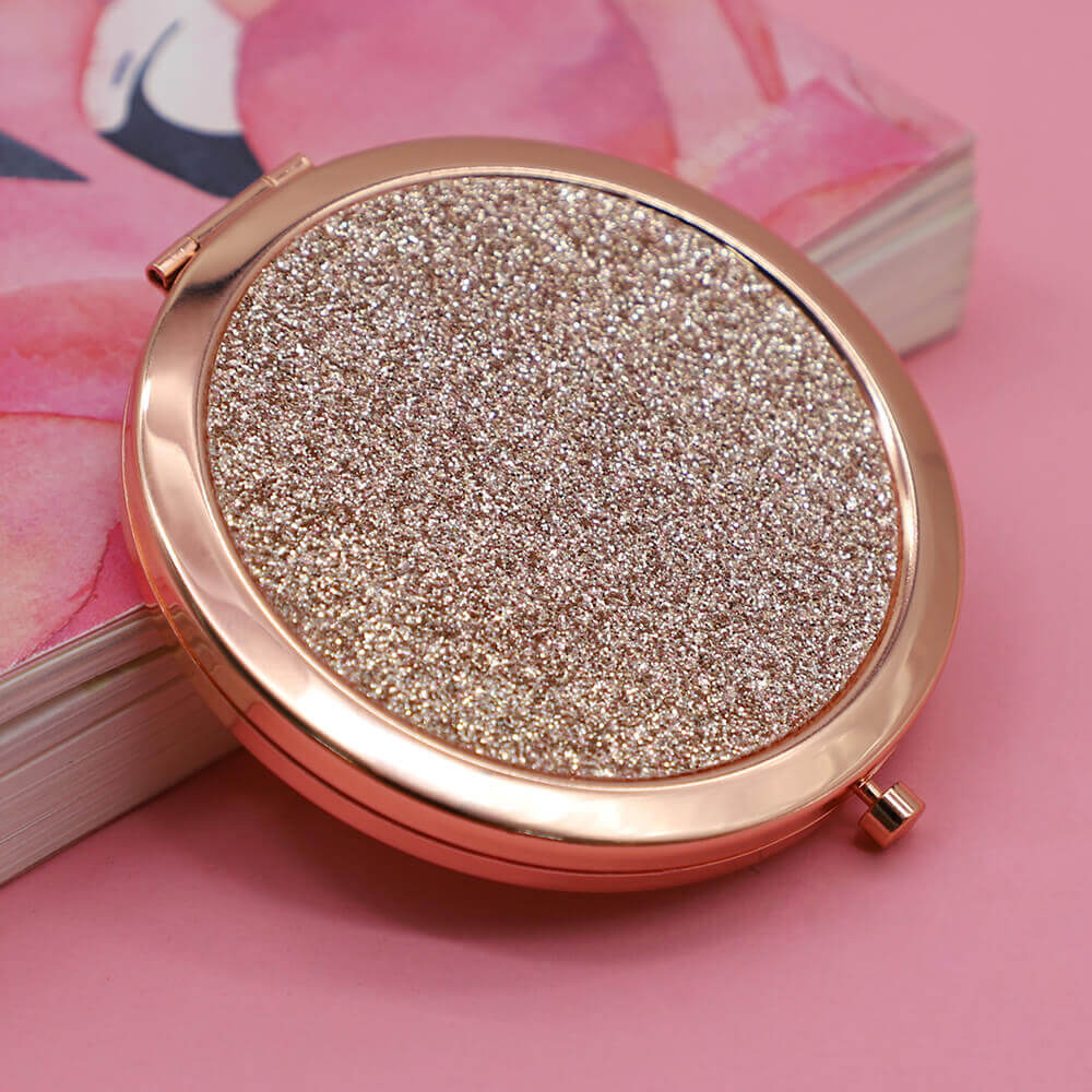 Promotional Gift Rose Gold Plating Round Shape Metal Glitter Folding Makeup Pock
