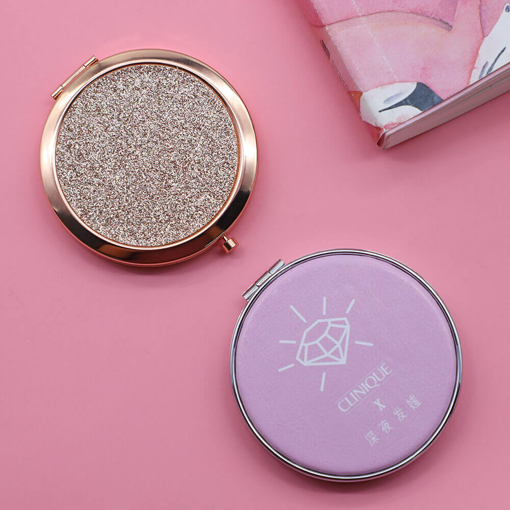 Promotional Gift Rose Gold Plating Round Shape Metal Glitter Folding Makeup Pock