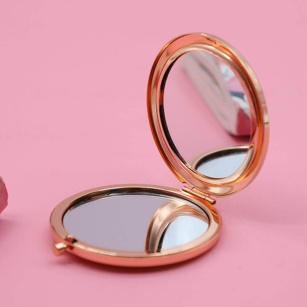 Promotional Gift Rose Gold Plating Round Shape Metal Glitter Folding Makeup Pock