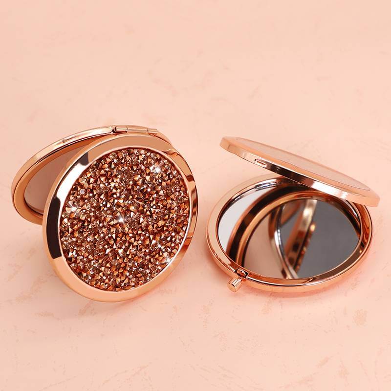 Custom Bling Crystal Diamond Round Metal Mini Pocket Cosmetic Makeup Mirror