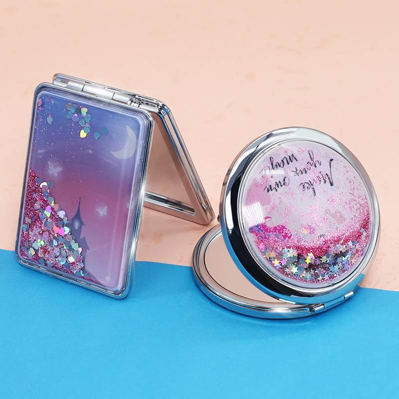 Wholesale Pocket Mirror Liquid Quicksand Heart Sequins Foldable Compact Mirror