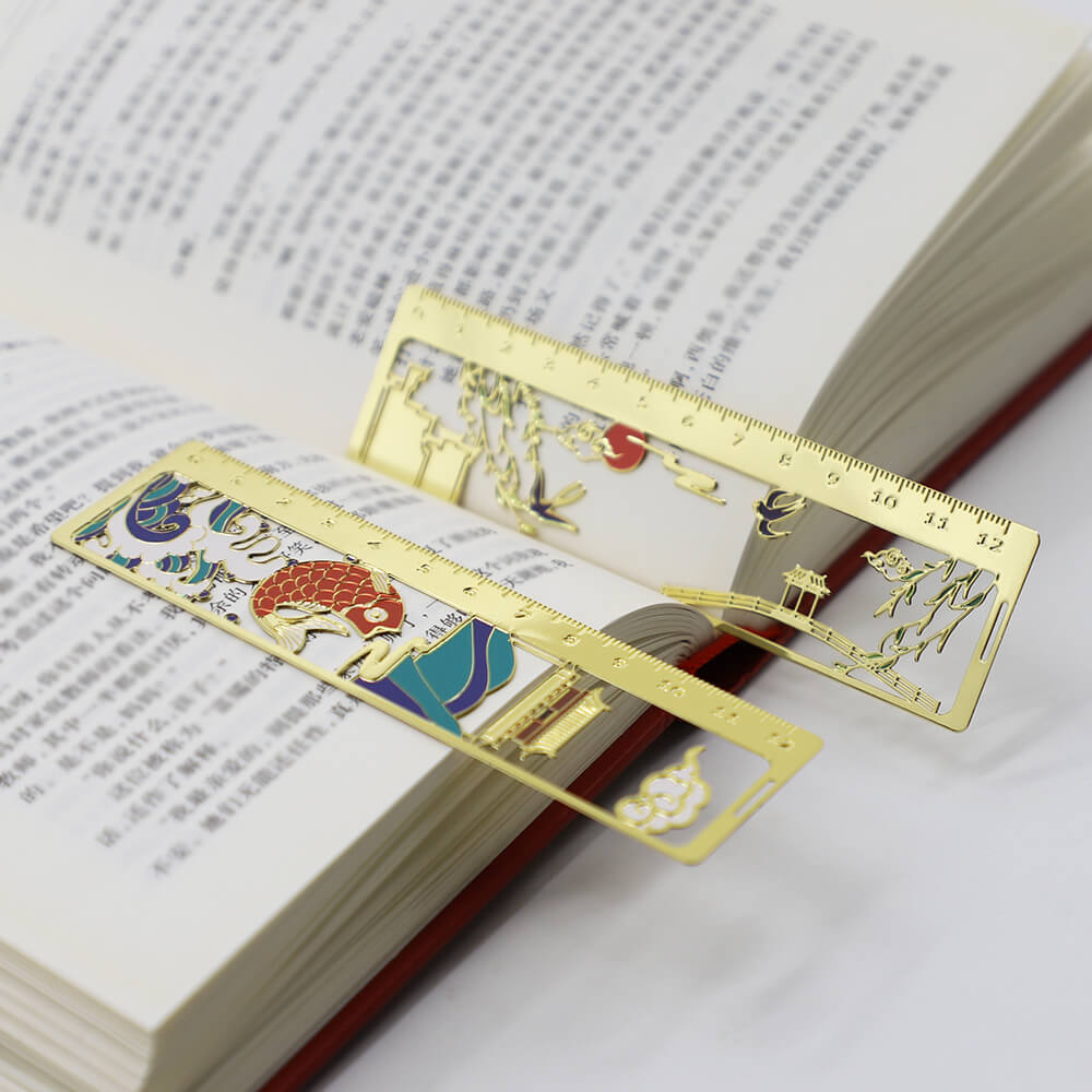 Custom Metal Glossy Gold Bookmark Soft Enamel Bookmarks Ruler Shape