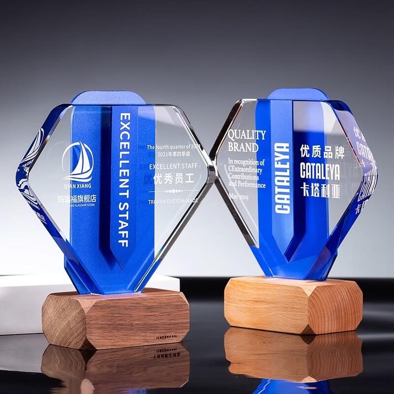 High Quality Crystal Trophy Award Custom Color Printing Crystal Wood Trophy