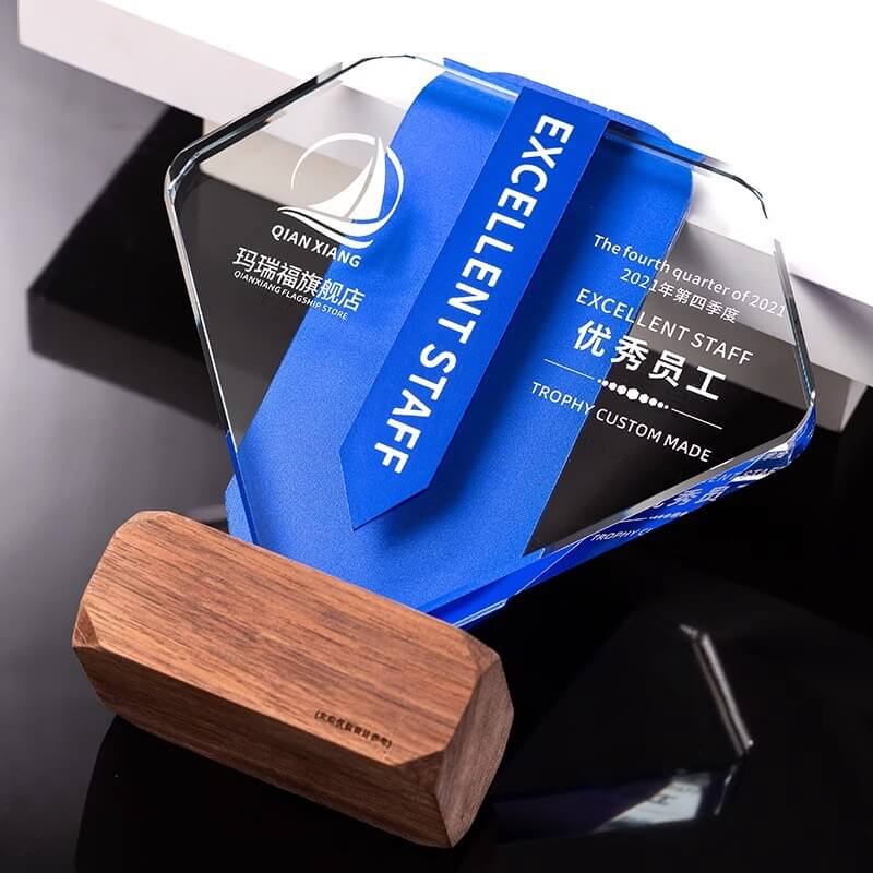 High Quality Crystal Trophy Award Custom Color Printing Crystal Wood Trophy