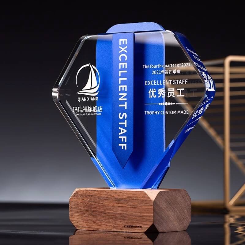High Quality Crystal Trophy Award Custom Color Printing Crystal Wood Trophy