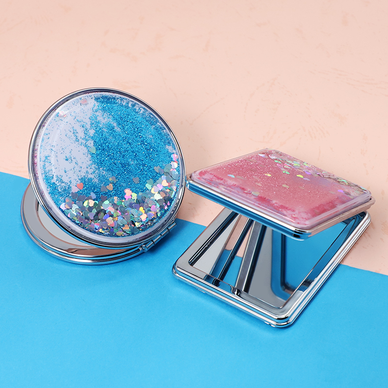 Wholesale Pocket Mirror Liquid Quicksand Heart Sequins Foldable Compact Mirror