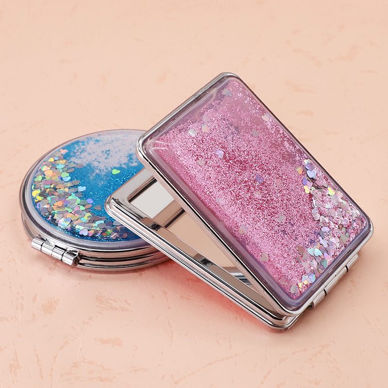Wholesale Pocket Mirror Liquid Quicksand Heart Sequins Foldable Compact Mirror