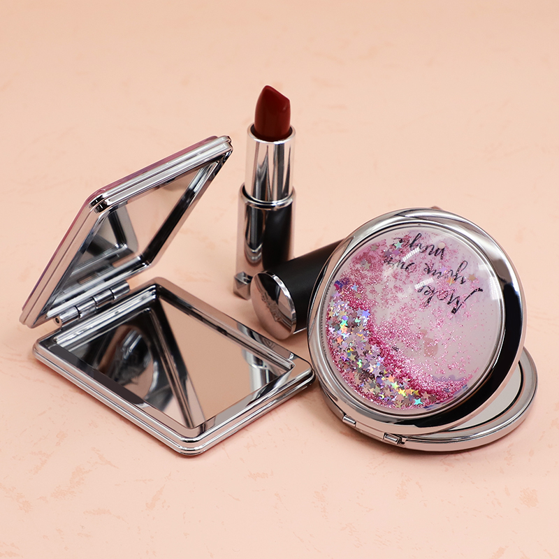 Wholesale Pocket Mirror Liquid Quicksand Heart Sequins Foldable Compact Mirror