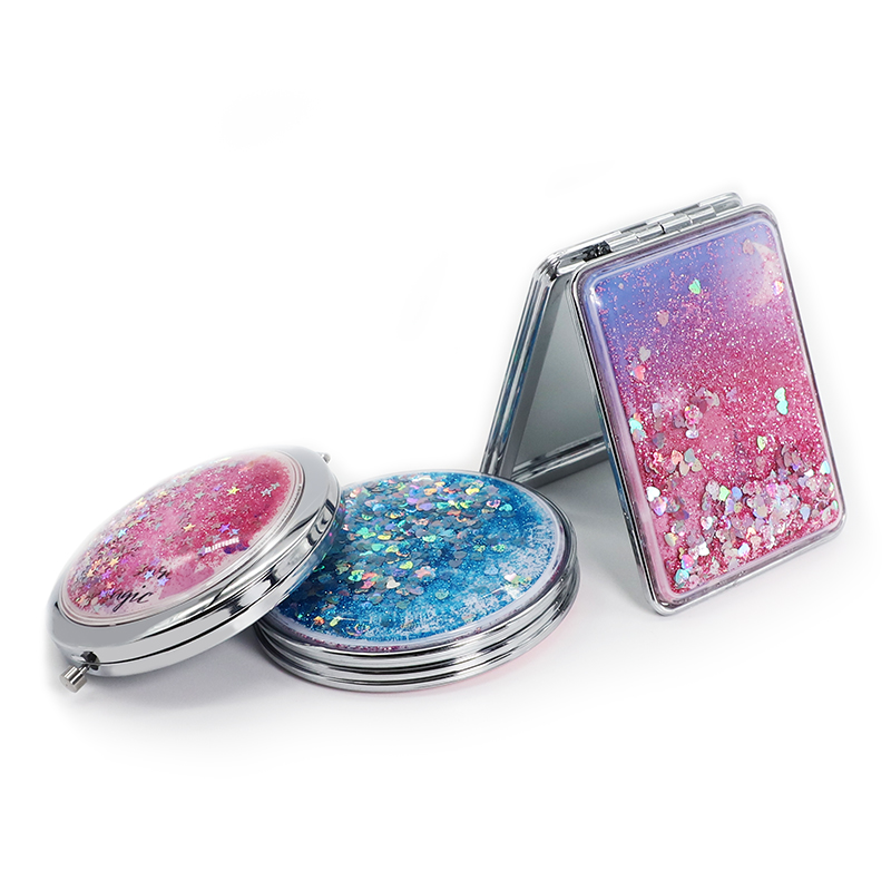 Wholesale Pocket Mirror Liquid Quicksand Heart Sequins Foldable Compact Mirror