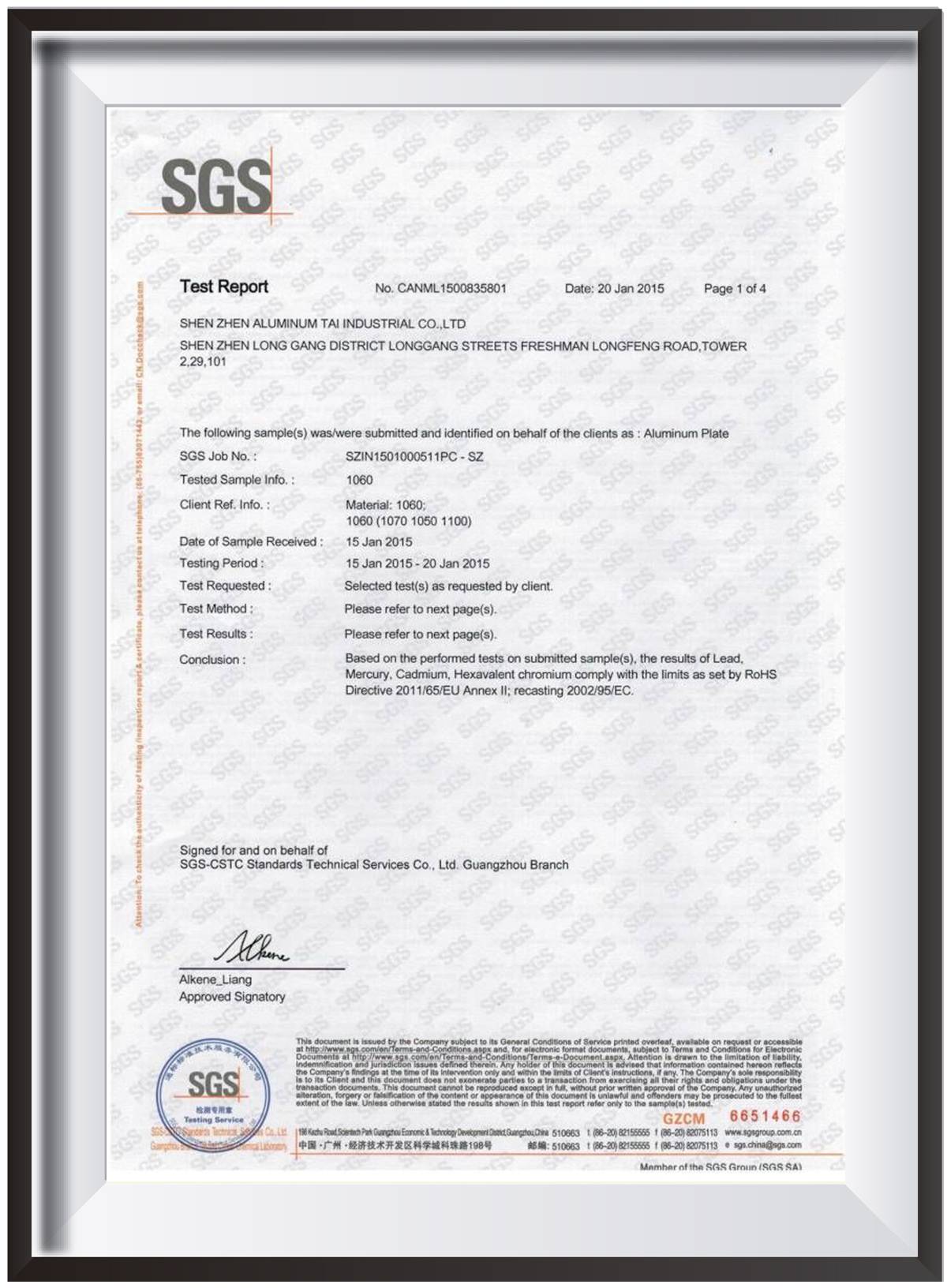 SGS CERTIFICATE
