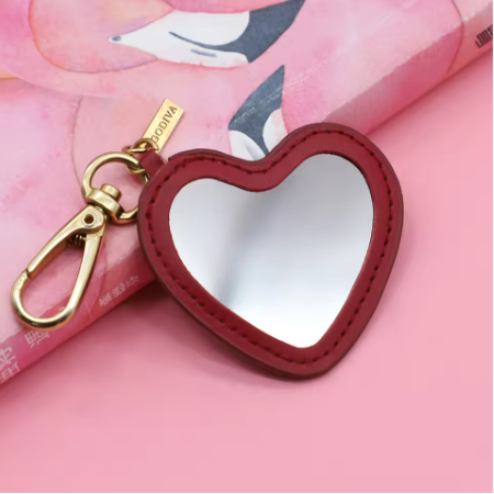 Custom Logo Red PU Leather Portable Small Compact Makeup Pocket with Keychain