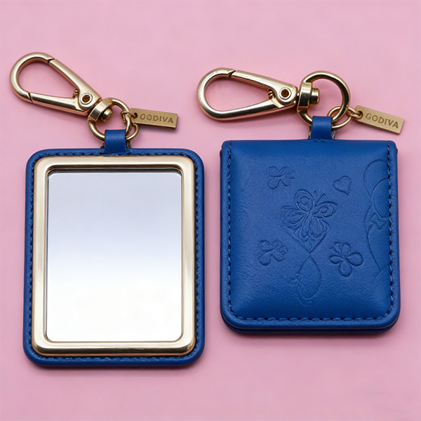 Custom Logo and Shape PU Leather Small MOQ Cosmetic Pocket Mirror with Keyring